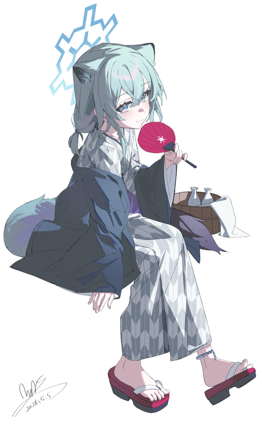 1girl, absurdres, animal_ears, aqua_hair, bath_yukata, black_haori, blue_archive, blue_eyes, blue_halo, bucket, closed_mouth, commentary, full_body, grey_kimono, hair_between_eyes, halo, hand_fan, haori, highres, holding, holding_fan, invisible_chair, japanese_clothes, kimono, looking_at_viewer, official_alternate_costume, official_alternate_hairstyle, paper_fan, ponytail, qtian, sandals, shigure_(blue_archive), shigure_(hot_spring)_(blue_archive), short_hair, short_ponytail, signature, simple_background, sitting, smile, solo, tail, toenails, toes, uchiwa, weasel_ears, weasel_girl, weasel_tail, white_background, wooden_bucket, yukata, zouri