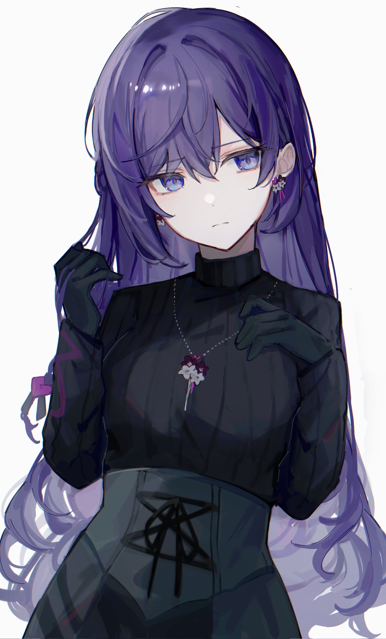 1girl, asahina_mafuyu, black_gloves, black_sweater, breasts, cross-laced_clothes, cross-laced_skirt, crossed_bangs, earrings, flower_earrings, gloves, grey_skirt, hand_in_own_hair, high-waist_skirt, highres, jewelry, long_hair, looking_at_viewer, medium_breasts, necklace, official_alternate_costume, official_alternate_hair_length, official_alternate_hairstyle, project_sekai, purple_hair, ribbed_sweater, scowl, sidelocks, simple_background, skirt, solo, soshite_hari_wa_ugokidasu_(project_sekai), sweater, turtleneck, turtleneck_sweater, very_long_hair, violet_eyes, white_background, yukiusagi_(yukiusagi_52)