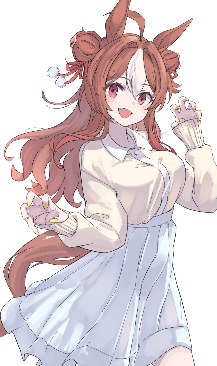 1girl, :d, absurdres, ahoge, alternate_costume, animal_ears, breasts, brown_hair