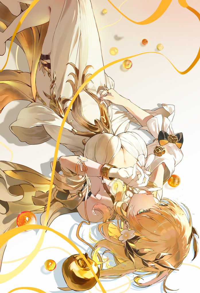 aglaea_(honkai:_star_rail), apple, blonde_hair, breasts, dress, food, fruit, golden_apple