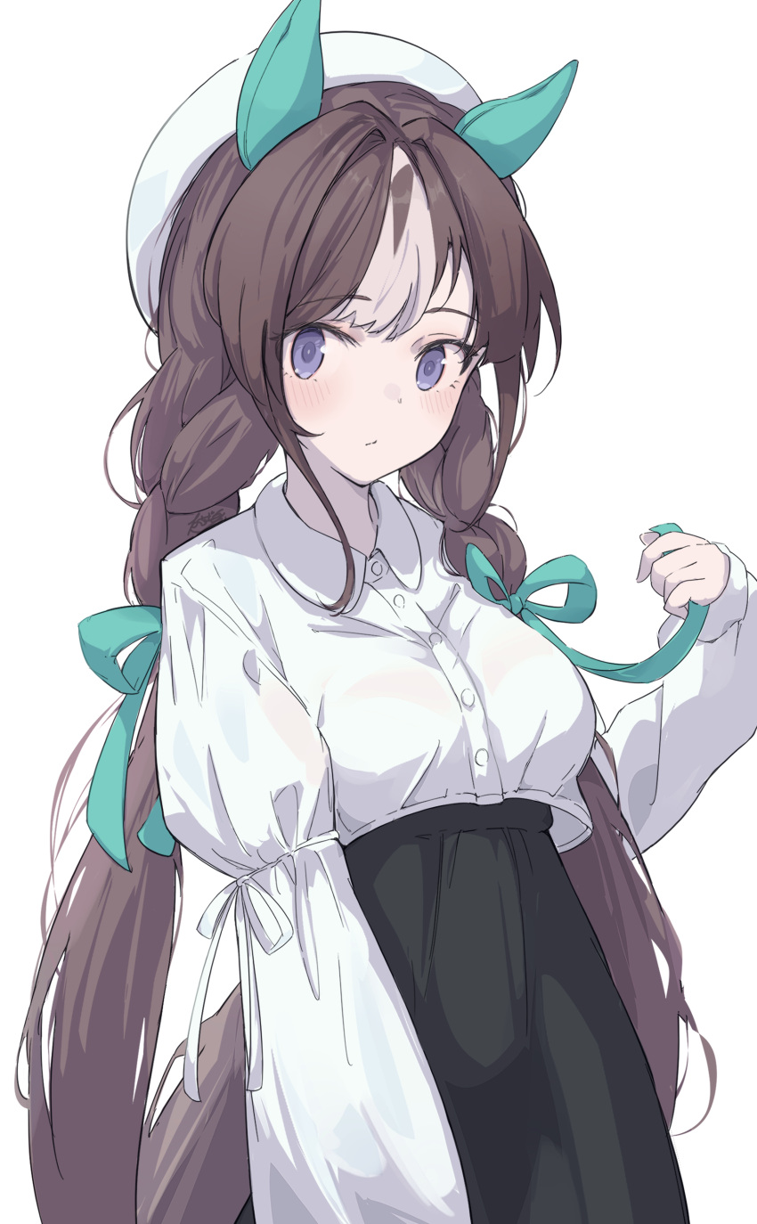 1girl, absurdres, animal_ears, beret, black_skirt, blush, braid, brown_hair