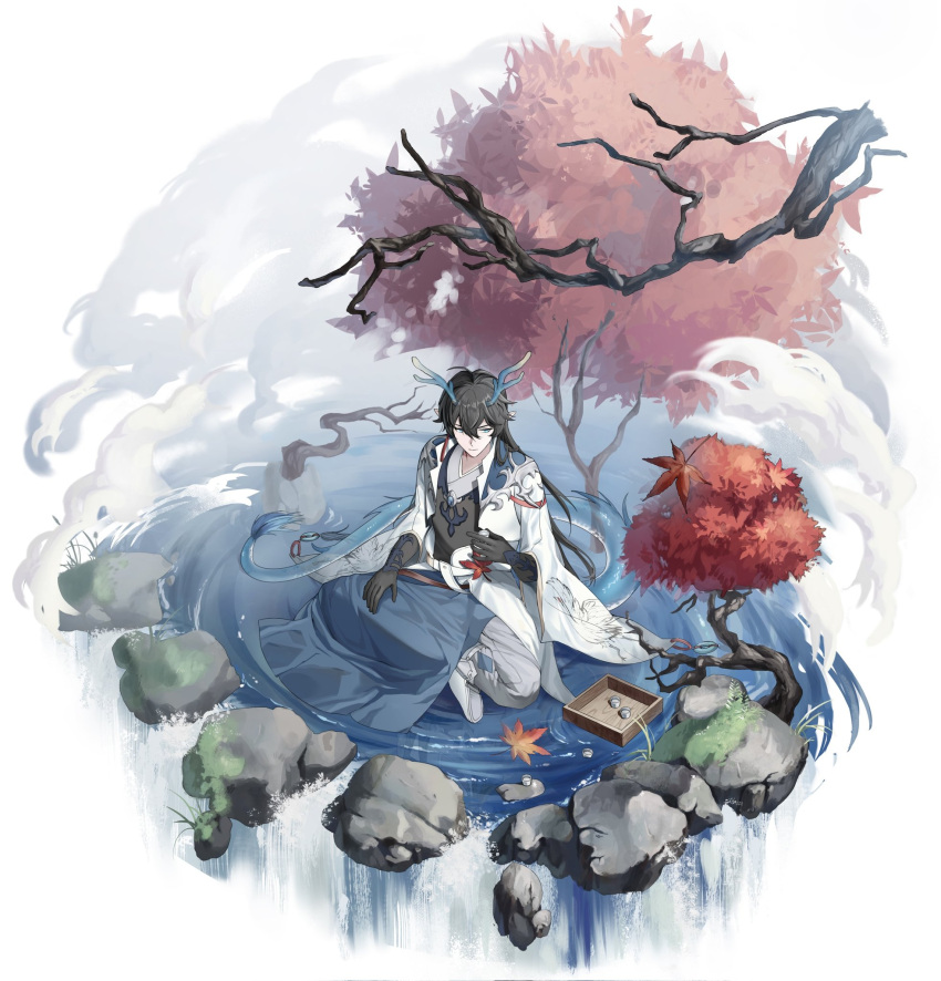 1boy, branch, chinese_clothes, dan_feng_(honkai:_star_rail), dan_heng_(honkai:_star_rail), dan_heng_(imbibitor_lunae)_(honkai:_star_rail), dragon_horns, highres