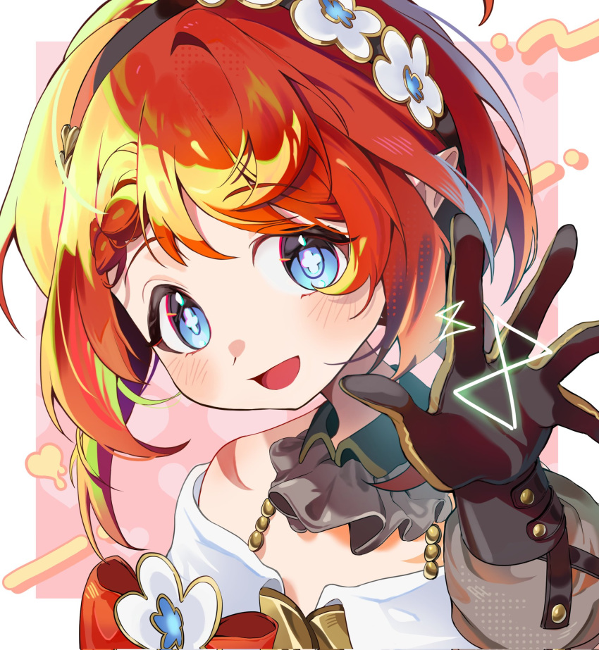 1girl, blue_eyes, blush, gloves, hair_ornament, headband, heart, highres