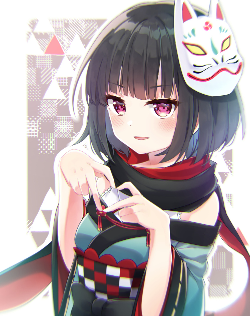 1girl, absurdres, aihara_tsubaki, black_hair, black_scarf, blush, chromatic_aberration, eyelashes