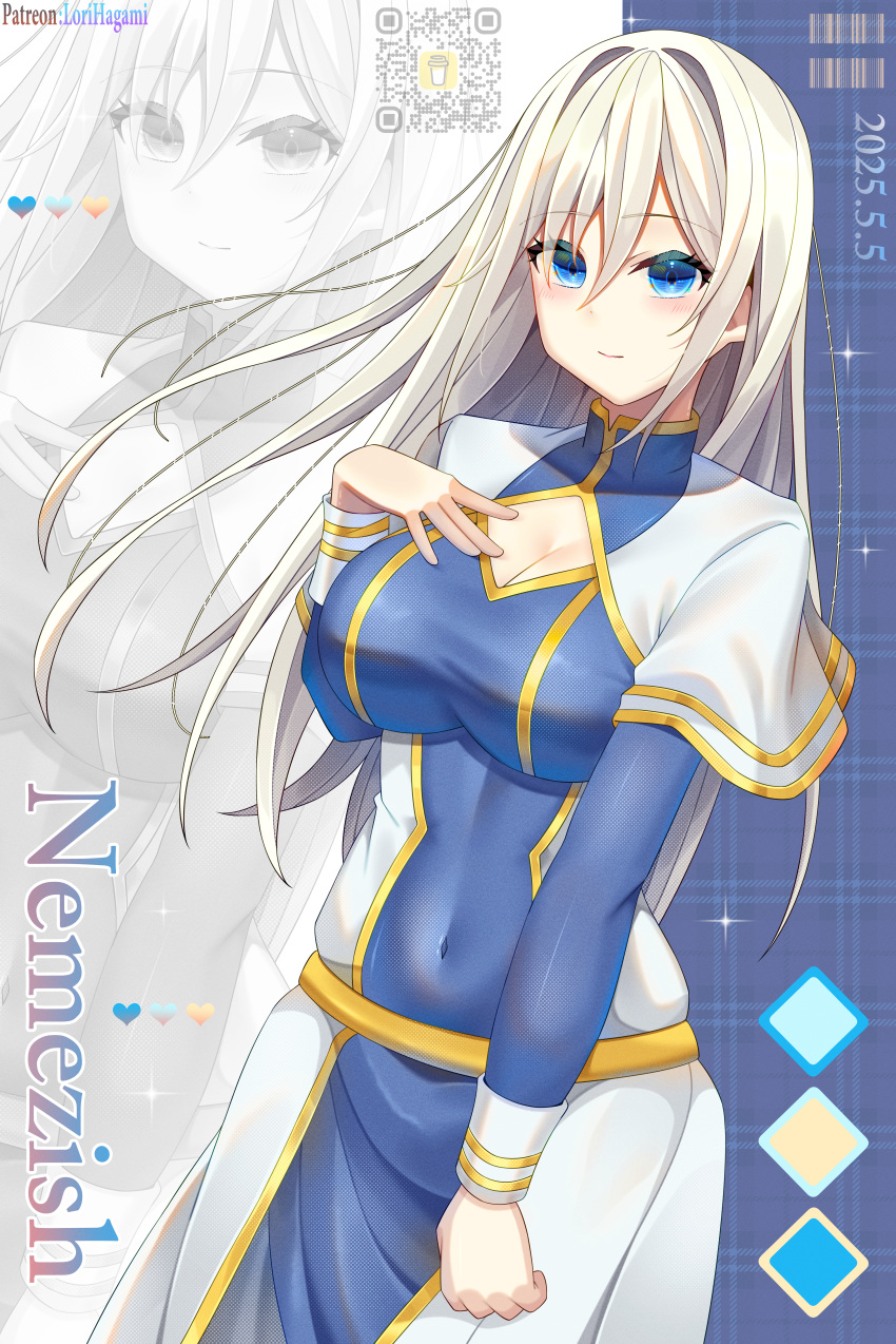1girl, absurdres, barcode, blue_dress, blue_eyes, blush, breasts, capelet, cleavage, cleavage_cutout, closed_mouth, clothing_cutout, commission, commissioner_upload, covered_navel, dress, hair_between_eyes, hand_on_own_chest, highres, long_hair, long_sleeves, looking_at_viewer, lori_hagami, medium_breasts, nemezish, official_art, patreon_username, qr_code, smile, solo, very_long_hair, ways_of_darkness_(series), white_capelet, white_hair