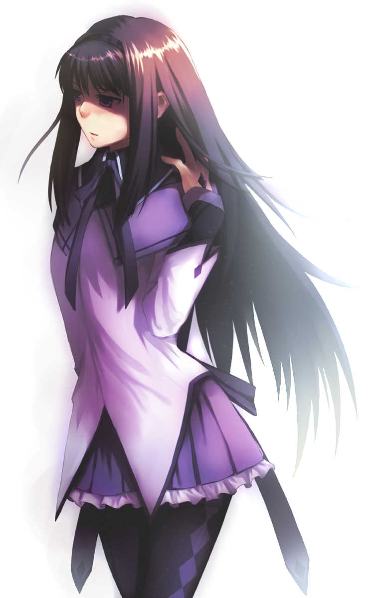 adjusting_hair, akemi_homura, black_hair, bow, face, hair_tussle, hairband, highres