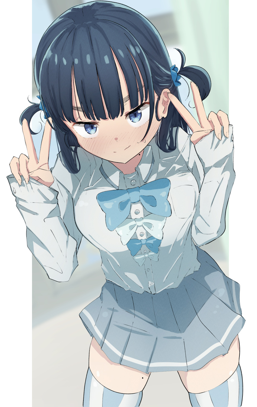 1girl, absurdres, basori_tiara, blue_bow, blue_bowtie, blue_eyes, blue_hair, blush, bow, bowtie, buttons, collared_shirt, commentary, cowboy_shot, curtains, double_v, english_commentary, grey_skirt, highres, indoors, long_hair, long_sleeves, looking_at_viewer, make_heroine_ga_oo_sugiru!, mole, mole_on_neck, mole_on_thigh, pleated_skirt, ric_(ric_rkgk), school_uniform, shirt, skirt, smile, solo, striped_clothes, striped_thighhighs, sweatdrop, thigh-highs, tsuwabuki_high_school_uniform, two_side_up, v, vertical-striped_clothes, vertical-striped_thighhighs