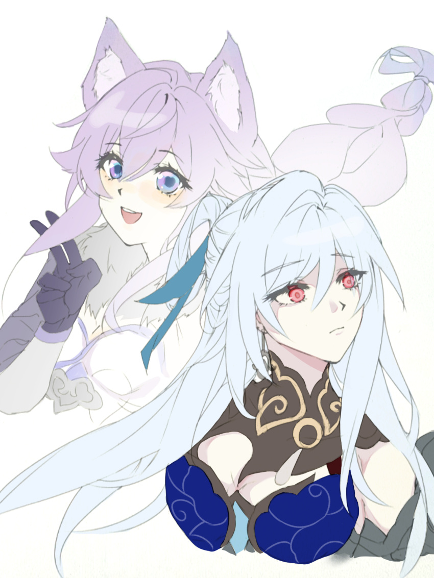 2girls, :d, animal_ear_fluff, animal_ears, baiheng_(honkai:_star_rail), black_gloves, blue_hair, blush