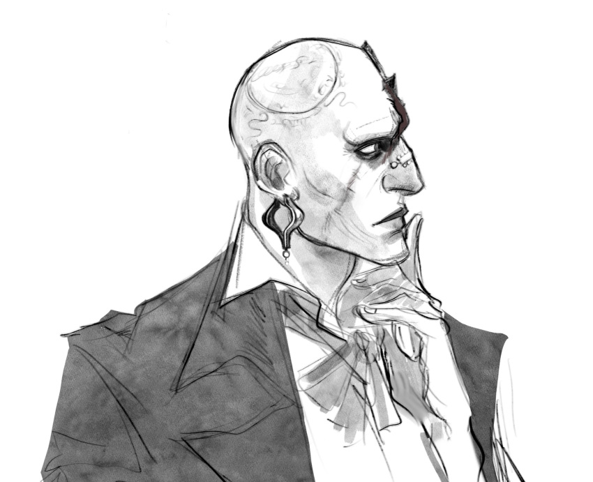 bald, black_vest, bow, bowtie, collared_shirt, corpsachriste, earrings, efron_weisz, from_side, head_mark, highres, identity_v, jewelry, male_focus, monochrome, nose_piercing, piercing, portrait, scar, scar_on_face, shirt, single_earring, suit, thinking, vest