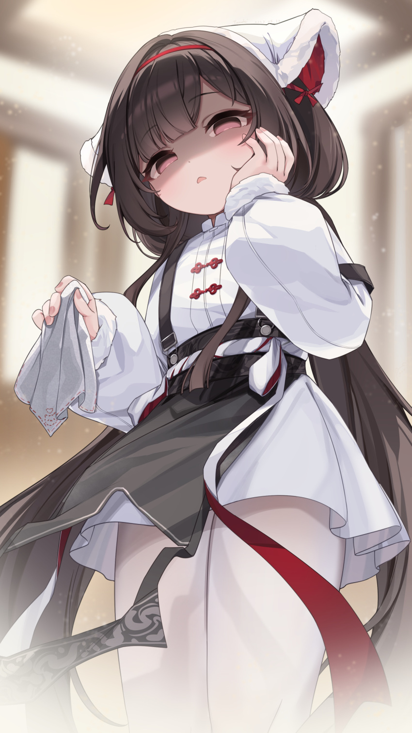 1girl, absurdres, apron, azur_lane, black_apron, blurry, blurry_background, brown_hair