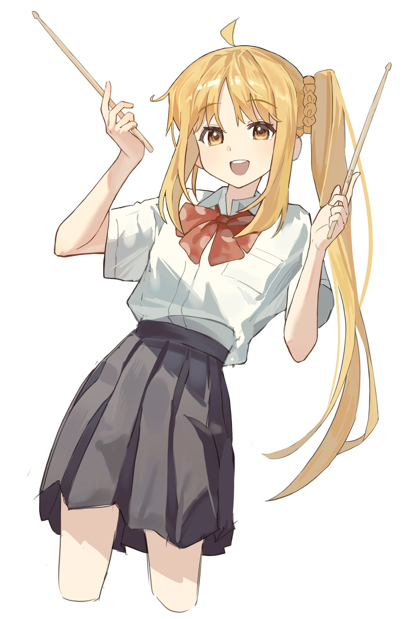 1girl, :d, ahoge, black_skirt, blonde_hair, bocchi_the_rock!, bow, bowtie, collared_shirt, cropped_legs, drumsticks, hands_up, highres, holding, holding_drumsticks, ijichi_nijika, long_hair, looking_at_viewer, open_mouth, parted_bangs, pleated_skirt, red_bow, red_bowtie, school_uniform, schu_1112, shimokitazawa_high_school_uniform, shirt, short_sleeves, side_ponytail, sidelocks, simple_background, skirt, smile, solo, white_background, white_shirt, yellow_eyes