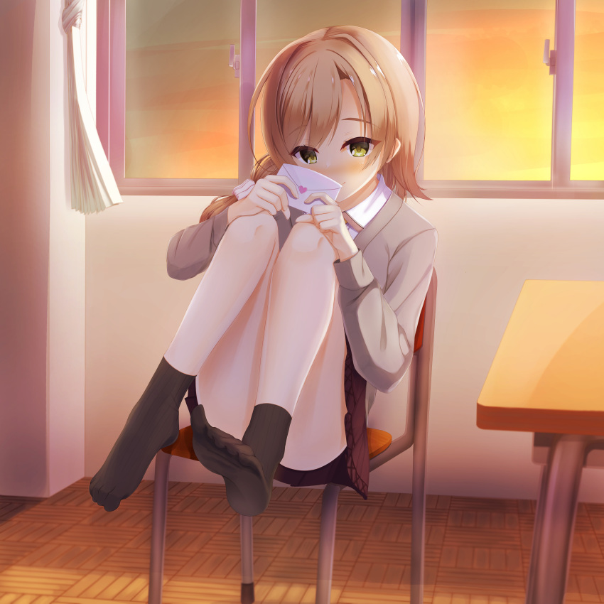1girl, absurdres, black_socks, blush, brown_hair, brown_skirt, cardigan, closed_mouth