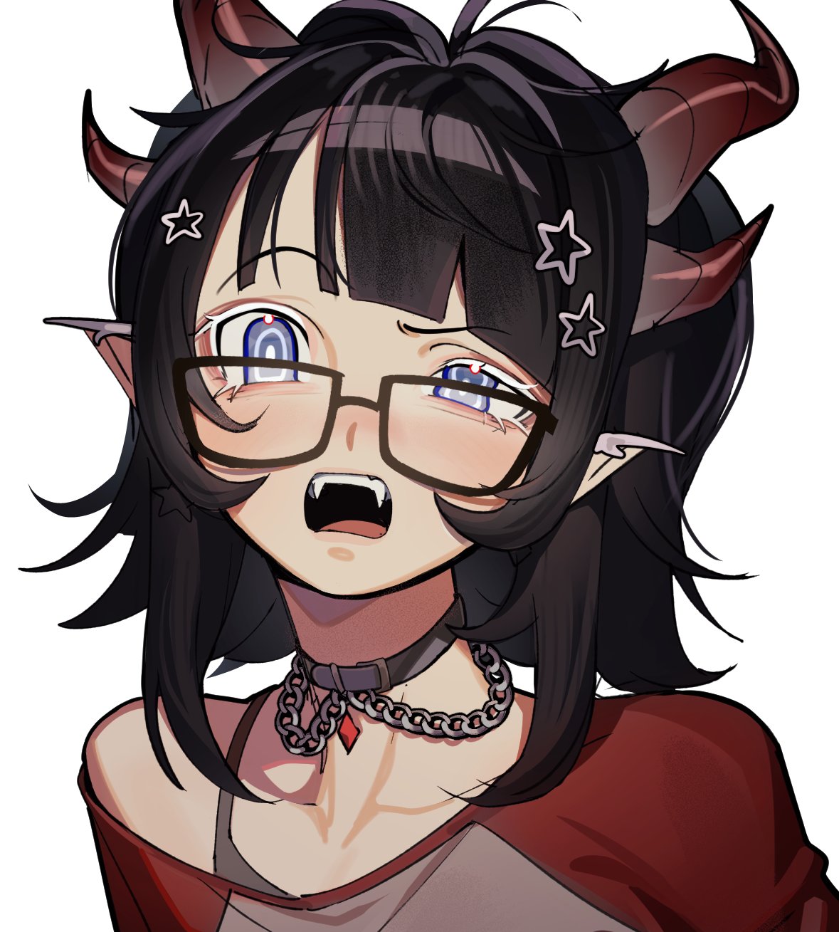 black_hair, chain, choker, colored_eyelashes, erinartista, fangs, hair_ornament, highres, horns, open_mouth, original, pale_skin, pointy_ears, shirt, solo, star_(symbol), star_hair_ornament, teeth, upper_teeth_only, white_eyelashes
