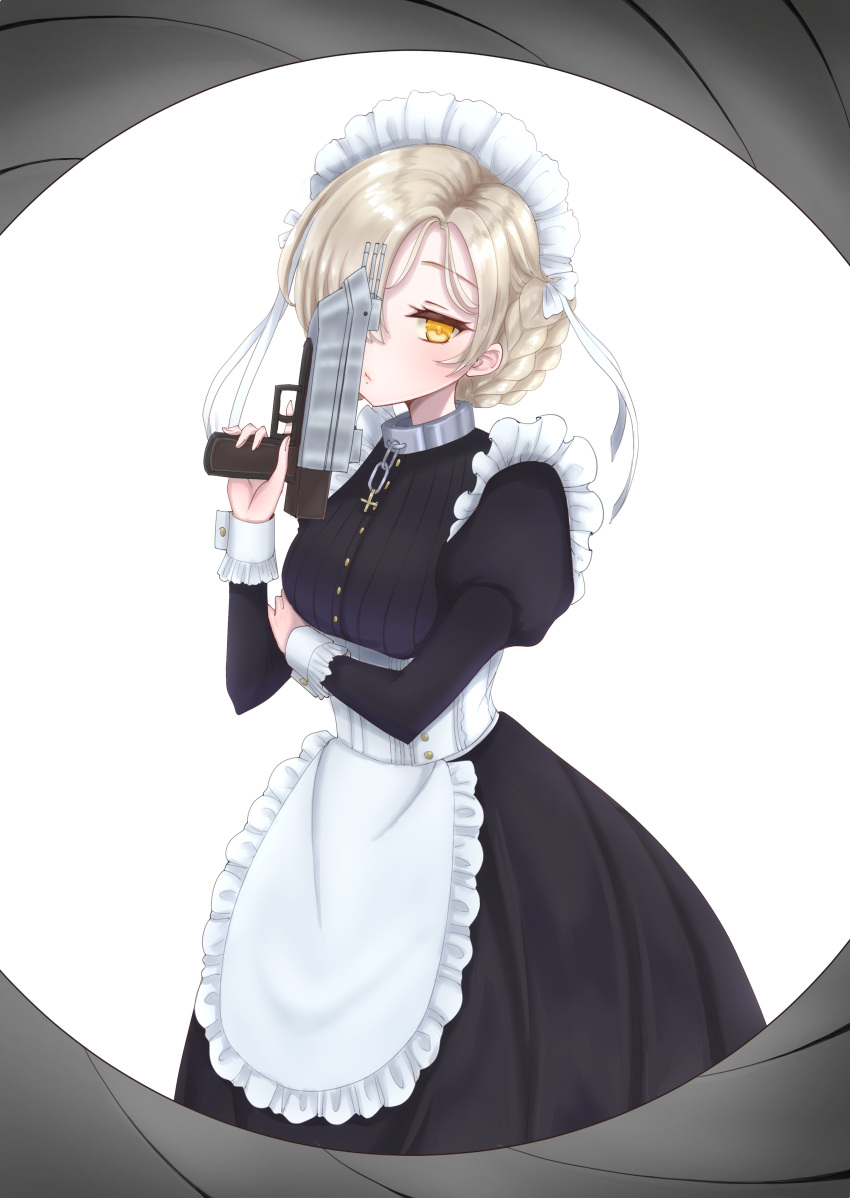 1girl, :/, absurdres, apron, arm_under_breasts, azur_lane, black_dress, blonde_hair, braid, breasts, cotatubo, dress, expressionless, gun, gun_barrel_sequence, hair_over_one_eye, hand_up, highres, holding, holding_gun, holding_weapon, long_sleeves, maid_headdress, medium_breasts, sheffield_(azur_lane), solo, waist_apron, weapon, white_apron, yellow_eyes