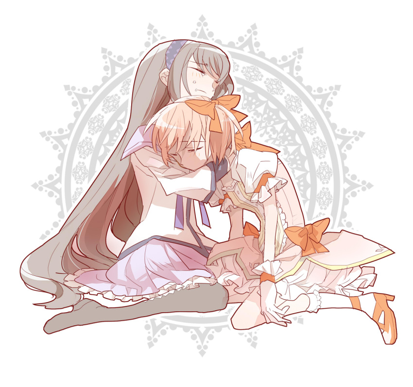akemi_homura, black_hair, bubble_skirt, closed_eyes, comforting, eyes_closed, gloves, hair_ribbon, hairband, high_heels, hug, kaname_madoka, long_hair, magical_girl, mahou_shoujo_madoka_magica, makiko, multiple_girls, pantyhose, pink_hair, ribbon, shoes, short_hair, short_twintails, sitting, skirt, tears, twintails, white_gloves