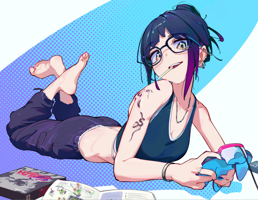 1girl, absurdres, barbell_piercing, barefoot, black_pants, blue_nails, bracelet, breasts, controller, ear_piercing, feet, game_controller, glasses, gradient_background, gradient_hair, hair_bun, halftone, halftone_background, highres, holding, holding_controller, holding_game_controller, industrial_piercing, jewelry, lollipop_in_mouth, looking_at_viewer, lying, midriff, multicolored_hair, nail_polish, necklace, nintendo_64_controller, on_stomach, original, pants, piercing, pink_nails, qu_uo, ring, shoulder_tattoo, sidelocks, small_breasts, soles, solo, tattoo, teeth, the_legend_of_zelda, the_pose, toenail_polish, toenails, toes, upper_teeth_only, video_game, white_background, yellow_eyes