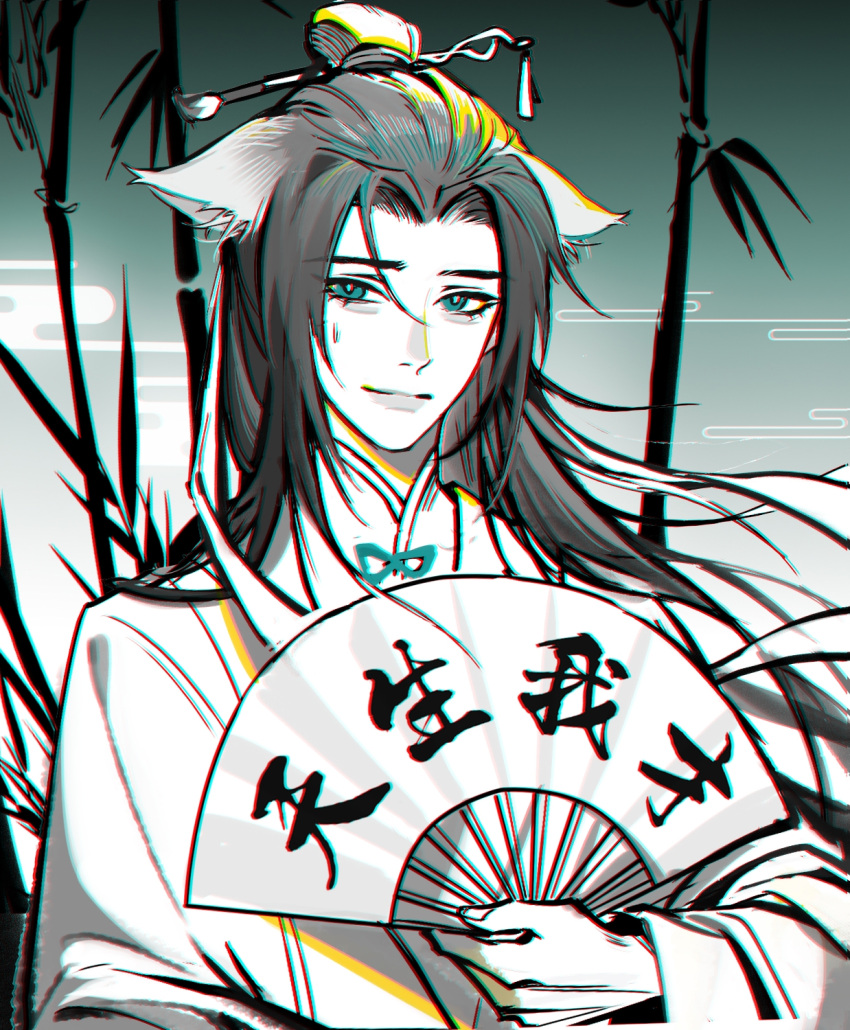 1boy, animal_ears, artist_request, bamboo, bishounen, black_hair, chinese_clothes, chinese_commentary
