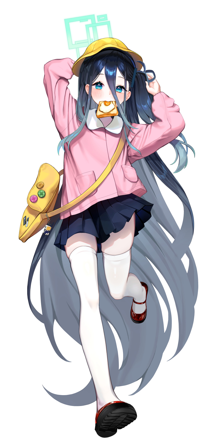 1girl, absurdres, alternate_costume, aris_(blue_archive), arm_behind_head, bag, black_hair, black_skirt