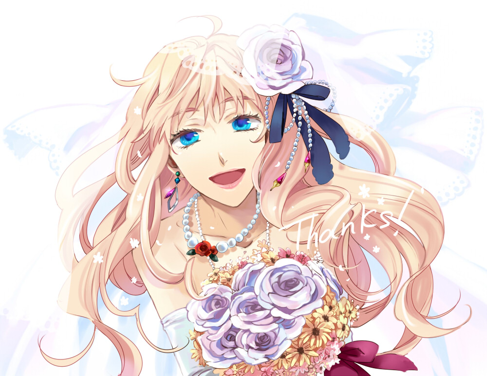 bare_shoulders, blonde_hair, blue_eyes, bouquet, bridal_veil, bride, elbow_gloves, flower