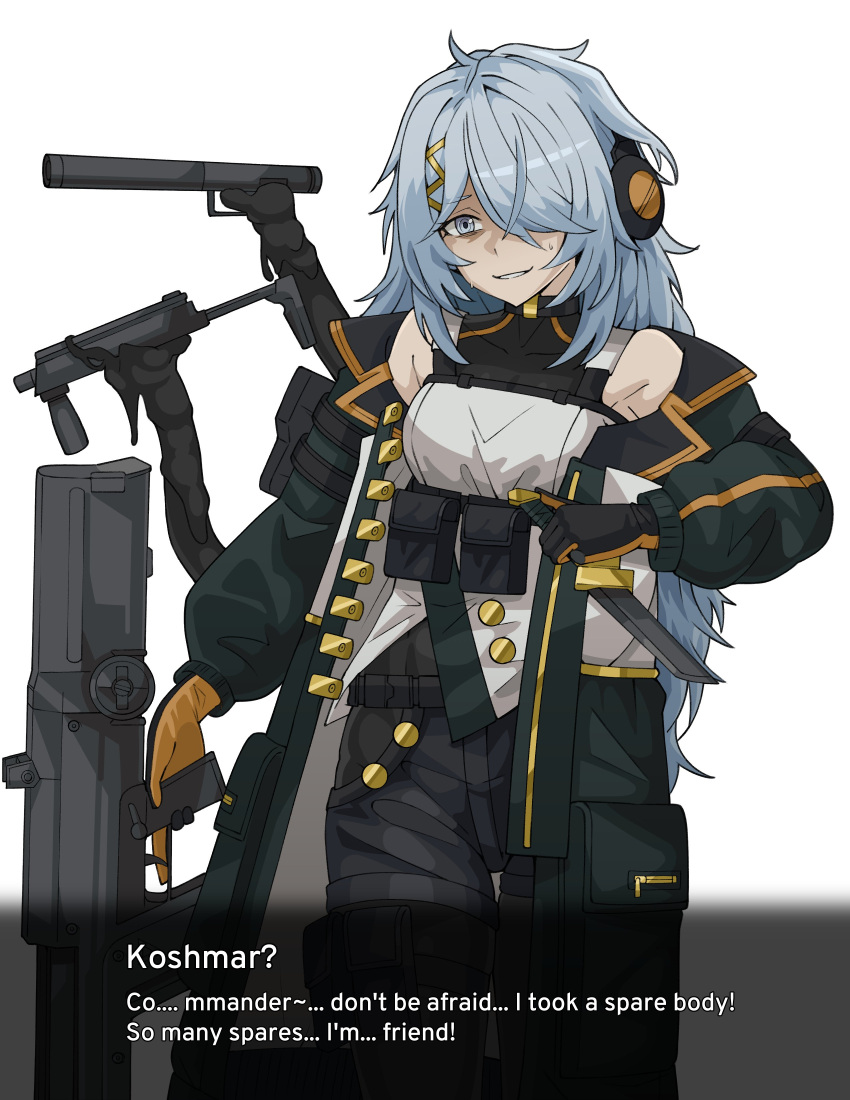 1girl, absurdres, alternate_costume, b&amp;t_mp9, black_gloves, black_pants, blue_eyes, blue_hair