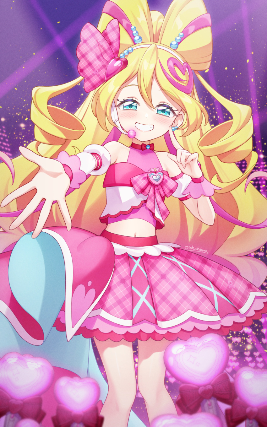 1girl, arm_warmers, blonde_hair, blue_eyes, bow-shaped_hair, bridal_gauntlets, brooch, cure_idol