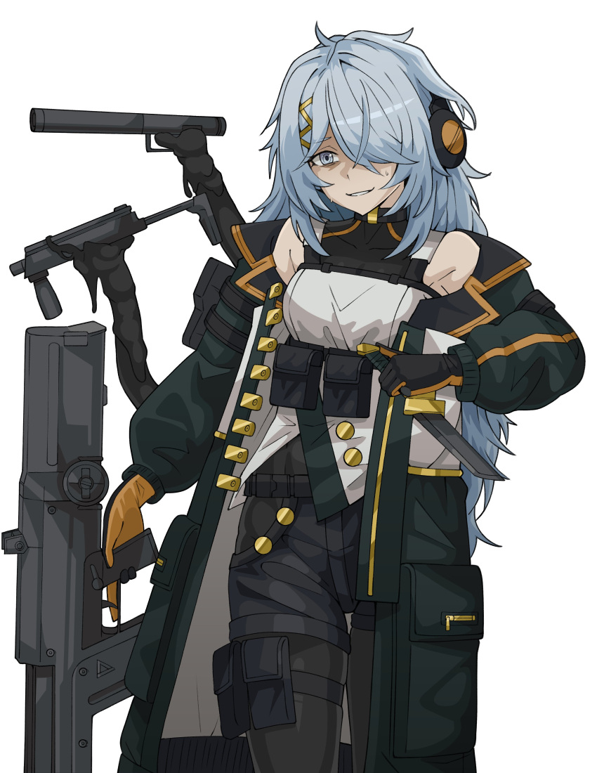 1girl, absurdres, alternate_costume, b&amp;t_mp9, black_gloves, black_pants, blue_eyes, blue_hair