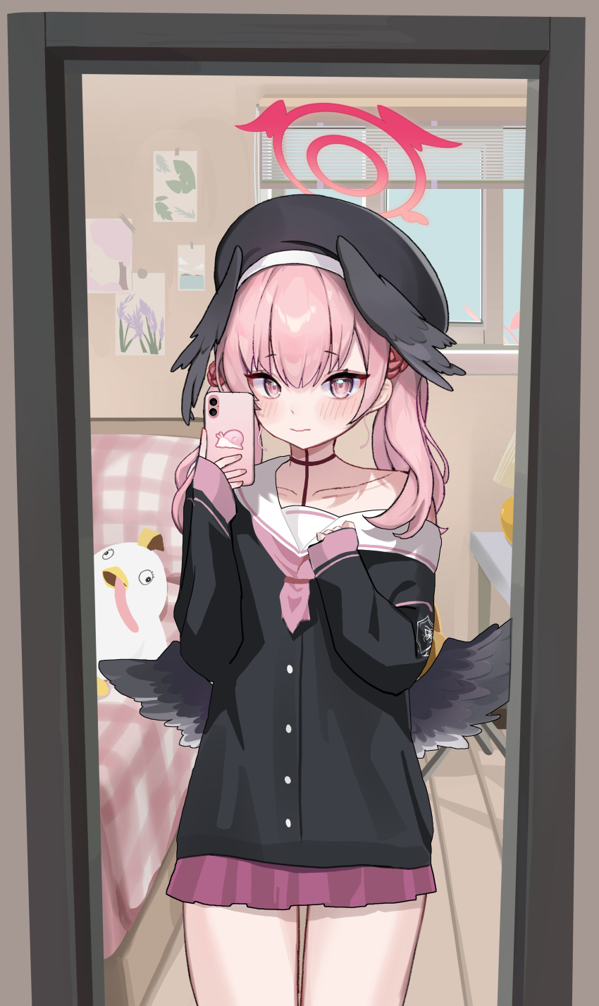 1girl, absurdres, black_jacket, black_wings, blue_archive, blush, cellphone, feathered_wings, hair_between_eyes, halo, head_wings, highres, holding, holding_phone, hyurumari, jacket, koharu_(blue_archive), light_smile, long_hair, looking_at_mirror, looking_at_viewer, low_wings, mirror, mirror_selfie, neckerchief, phone, pink_eyes, pink_hair, pink_neckerchief, pink_skirt, red_halo, sailor_collar, sidelocks, single_bare_shoulder, single_off_shoulder, skirt, sleeves_past_wrists, smartphone, solo, twintails, white_sailor_collar, wings
