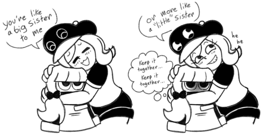 2girls, affectionate, anna_(tinytoxicwaste101), black_hat, blush, caress, english_text, happy, hat, height_difference, lucy_(tinytoxicwaste101), monochrome, multiple_girls, original, pizza_tower, tinytoxicwaste101