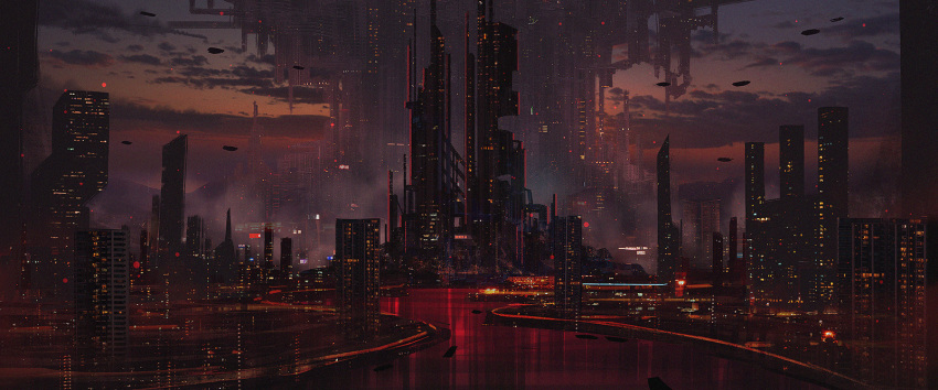 building, cityscape, clouds, commentary_request, evening, highres, megastructure, miyoshi_nao_(miyoshist)