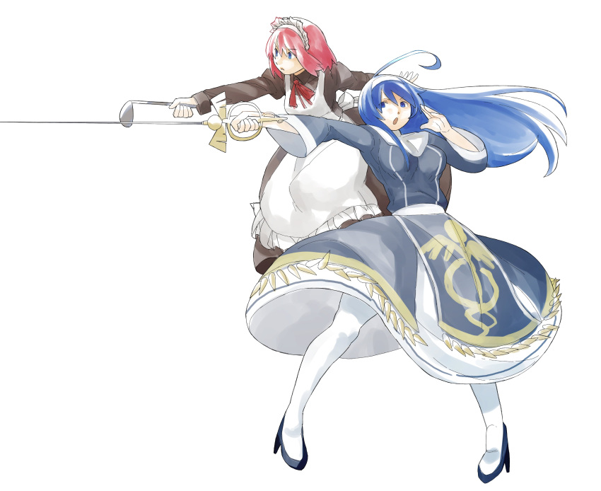 2girls, absurdres, ahoge, apron, armor, armored_dress, beffen_m, blue_eyes