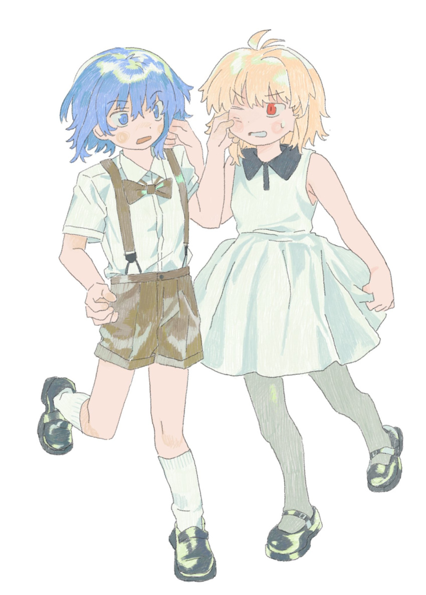 2girls, aged_down, ahoge, aoymkyo, arcueid_brunestud, black_shoes, blonde_hair, blue_eyes