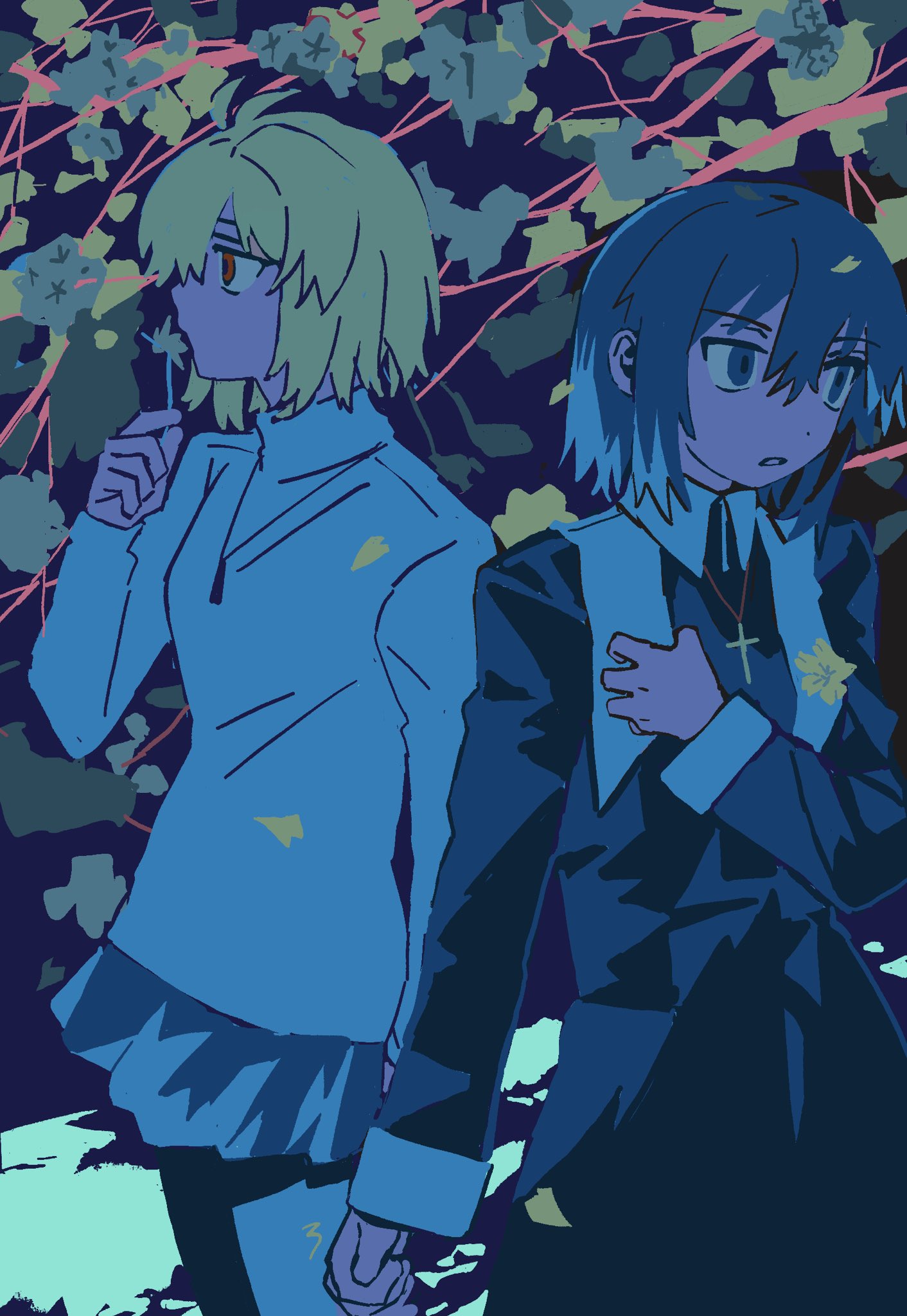 2girls, aoymkyo, arcueid_brunestud, blonde_hair, blowing, blue_eyes, blue_hair, cassock