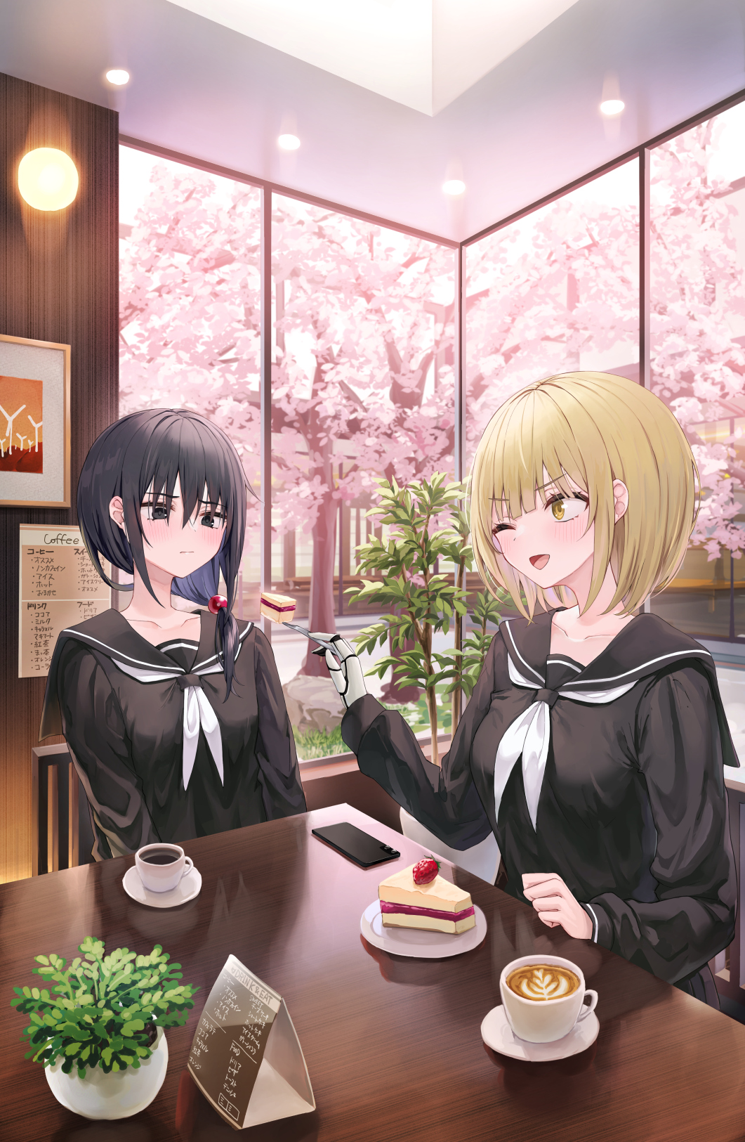 2girls, :d, ameno_hitsuka, amputee, beads, black_eyes, black_hair, black_sailor_collar