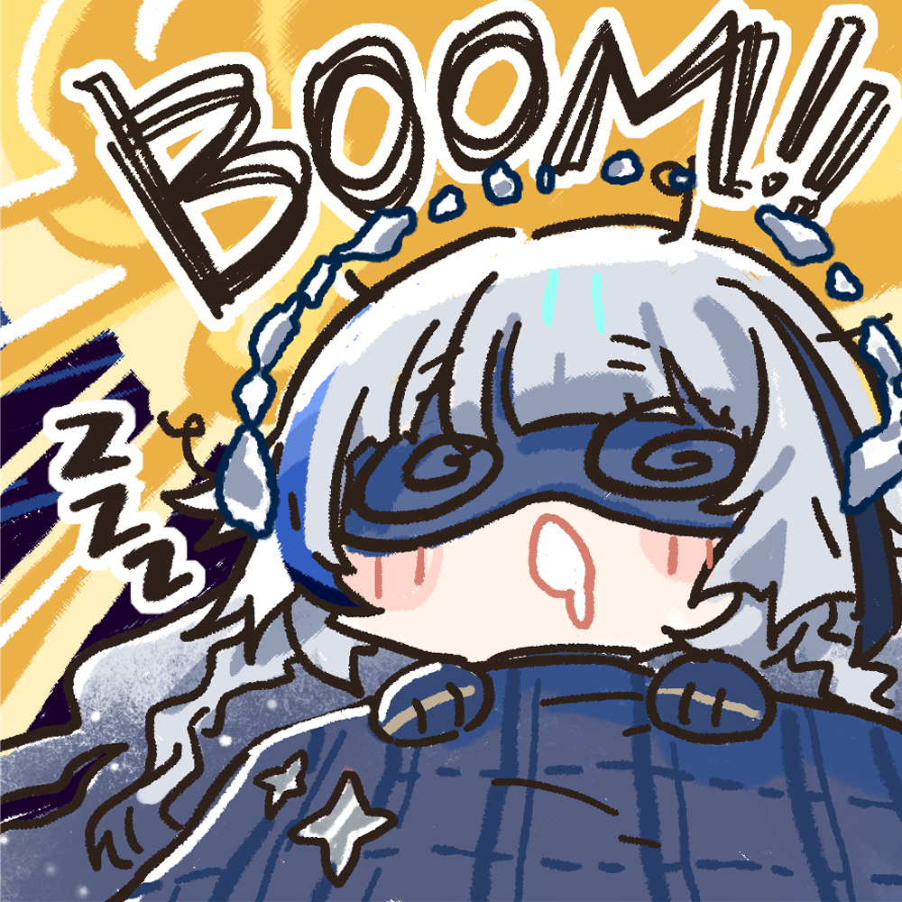 1girl, blanket, blue_hair, chibi, chibi_only, chinese_commentary, cui_pi_zha_xia_qiu, explosion