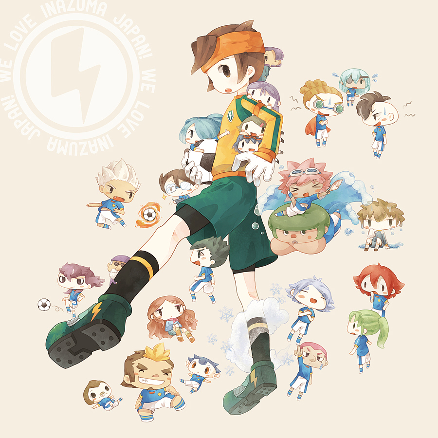 ball, bike_shorts, brown_hair, chibi, endou_mamoru, everyone, footwear, fubuki_shirou, fudou_akio, gouenji_shuuya, headband, inazuma_eleven, inazuma_eleven_(series), inazuma_japan, kabeyama_heigorou, kazemaru_ichirouta, kidou_yuuto, kino_aki, kiyama_hiroto, kogure_yuuya, kudou_fuyuka, kudou_michiya, lightning_bolt, glasses_kakeru, midorikawa_ryuuji, otonashi_haruna, pom_(soupy), raimon_natsumi, sakuma_jirou, short_hair, soccer_ball, soccer_uniform, socks, someoka_ryuugo, tachimukai_yuuki, telstar, tobitaka_seiya, tsunami_jousuke, utsunomiya_toramaru