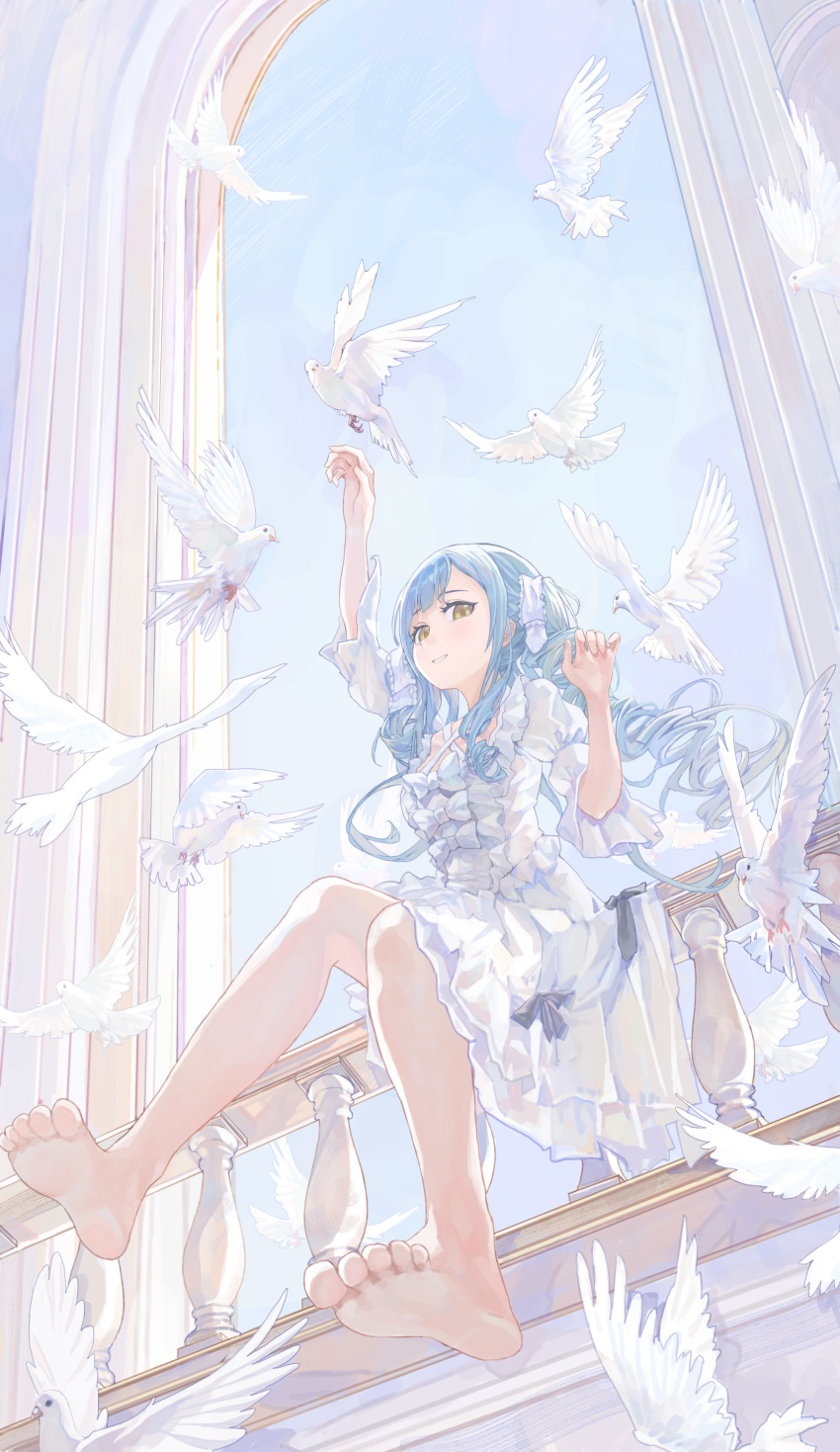 1girl, absurdres, bang_dream!, bang_dream!_it's_mygo!!!!!, barefoot, bird, blacky1266859, blue_hair
