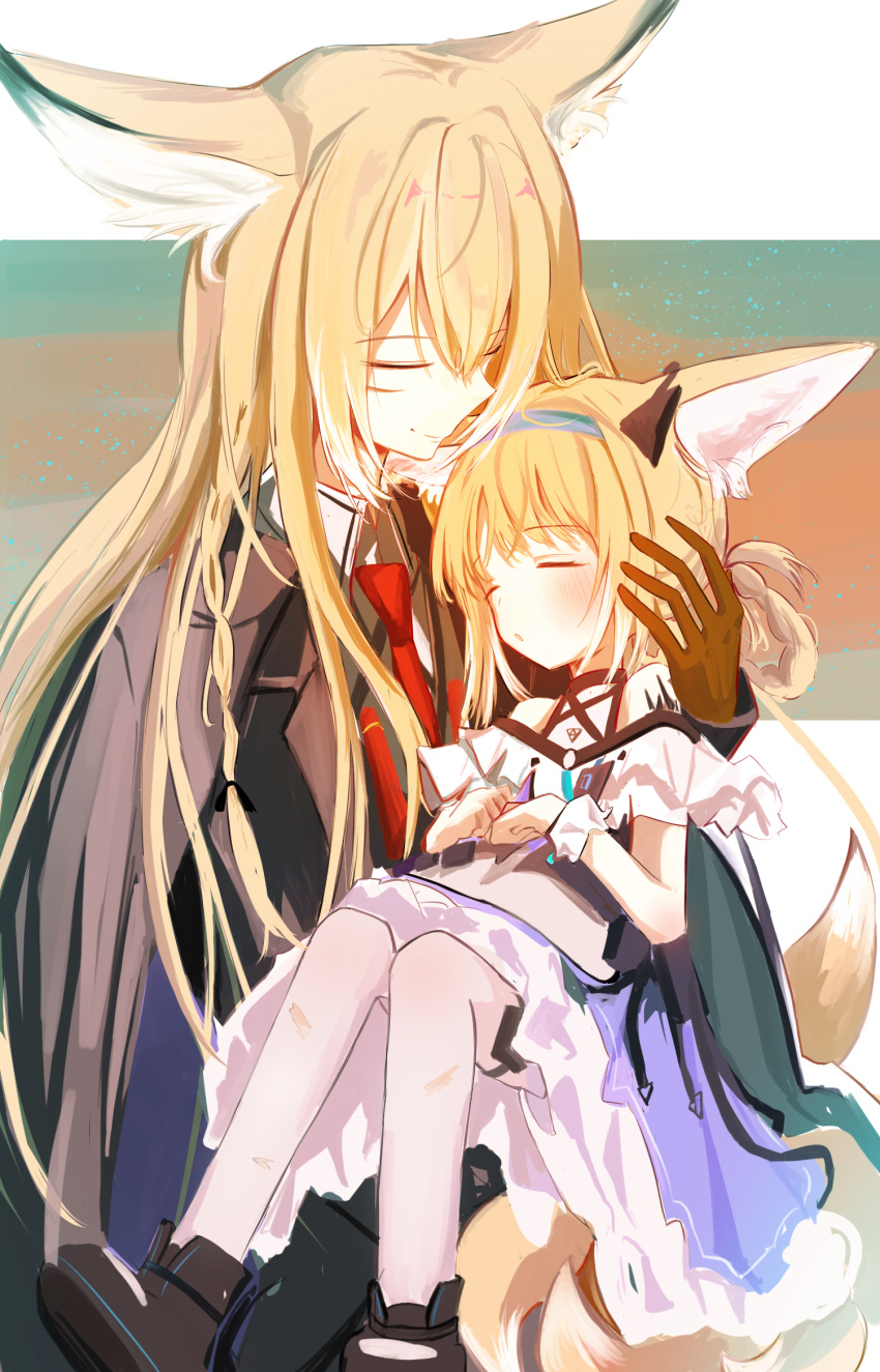 2girls, animal_ears, arknights, black_gloves, blonde_hair, blue_hairband, carrying, carrying_person