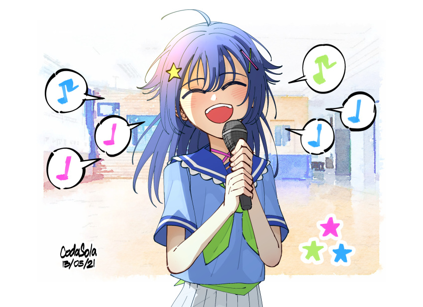 1girl, :d, ^_^, ahoge, artist_name, blue_hair, blue_sailor_collar, blue_serafuku