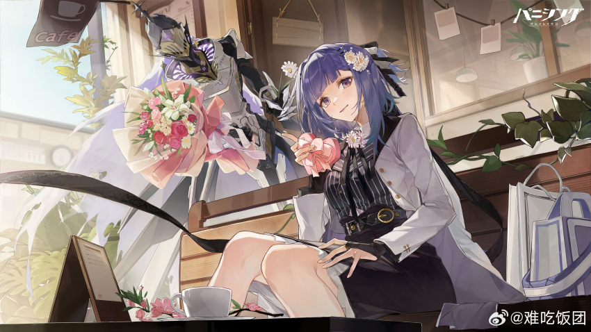 1girl, absurdres, alisa_(pgr), bag, bench, black_skirt, blue_hair, bouquet