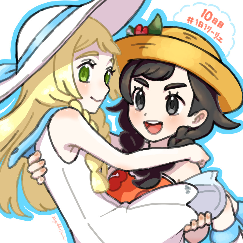 2girls, :d, absurdres, blush, braid, carrying, closed_mouth, commentary_request, dress, eyelashes, floral_print, green_eyes, happy, hat, hat_ribbon, highres, hiyokko2min, lillie_(pokemon), multiple_girls, open_mouth, orange_shirt, pokemon, pokemon_usum, ribbon, selene_(pokemon), shirt, sleeveless, sleeveless_dress, sleeveless_shirt, smile, socks, sun_hat, teeth, tongue, twin_braids, upper_teeth_only, white_dress, white_hat, white_socks