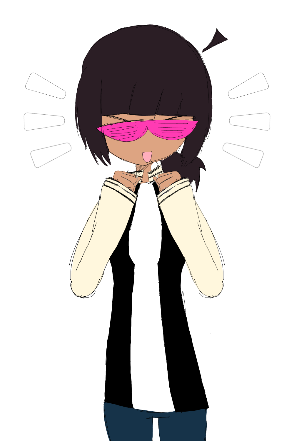 :d, ahoge, bangs, big_ahoge, black_hair, blue_jeans, blue_pants, breaking_the_fourth_wall