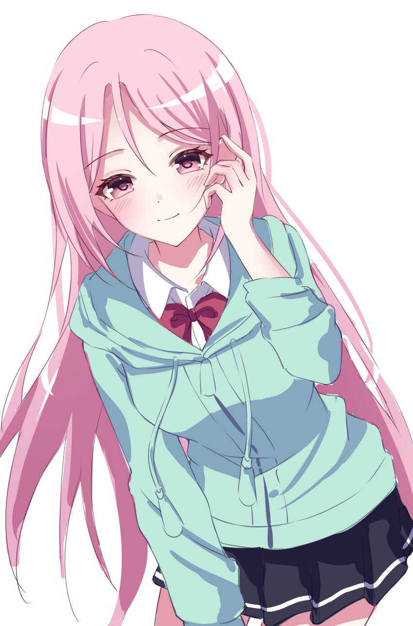 1girl, absurdres, black_skirt, blush, bow, bowtie, breasts, closed_mouth, collared_shirt, dot_nose, drawstring, green_hoodie, highres, hood, hood_down, hoodie, kuroko_no_basuke, leaning_forward, long_hair, long_sleeves, looking_at_viewer, momoi_satsuki, nyako_(x_nyako_x), pink_eyes, pink_hair, pleated_skirt, red_bow, red_bowtie, shirt, simple_background, skirt, smile, solo, very_long_hair, white_background, white_shirt