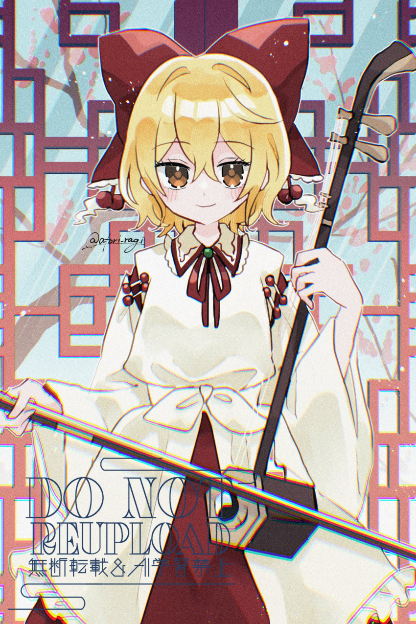 1girl, blonde_hair, blush, bow, bow_(music), brown_eyes, closed_mouth, commentary_request