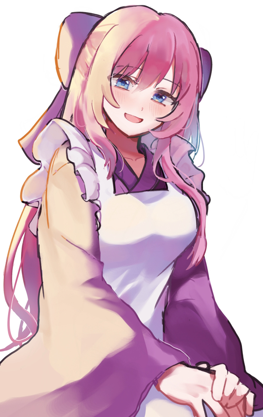 1girl, absurdres, apron, blue_eyes, blush, breasts, commentary_request, dress