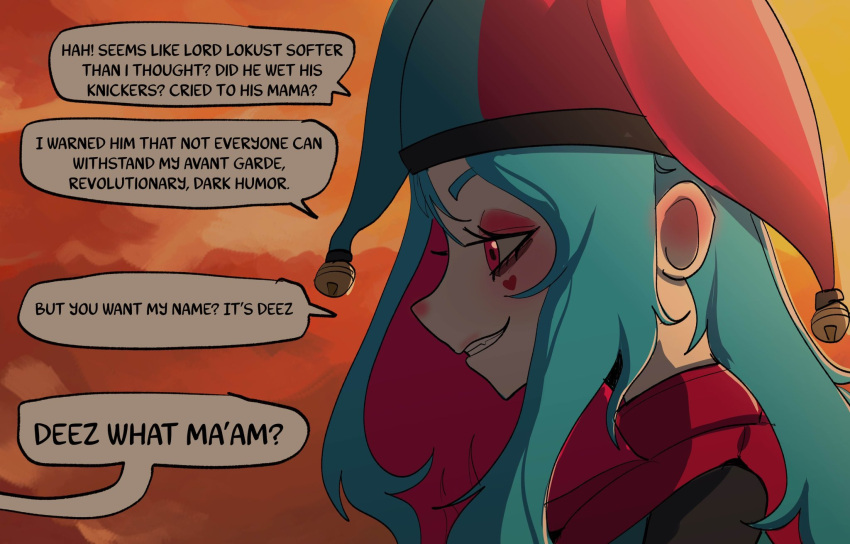 1girl, aqua_hair, basedbinkie, bell, clouds, cloudy_sky, colored_skin, deez_nuts_(meme)