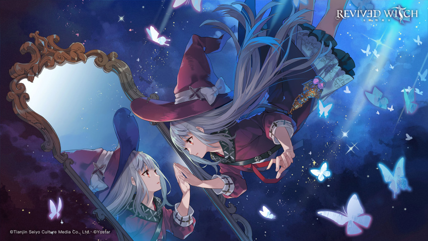 1girl, blue_background, bow, bug, butterfly, coat, copyright_name, copyright_notice