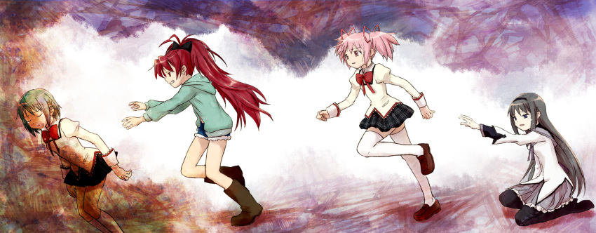 akemi_homura, bad_id, blue_hair, bow, casual, dokunuma, falling, hair_bow, hair_ornament, hairclip, highres, kaname_madoka, kneeling, magical_girl, mahou_shoujo_madoka_magica, miki_sayaka, multiple_girls, outstretched_arm, pantyhose, pink_hair, plaid, plaid_skirt, ponytail, red_hair, redhead, running, sakura_kyouko, school_uniform, short_hair, skirt, spoilers, tartan, tears, thigh-highs, thighhighs, twintails, zettai_ryouiki