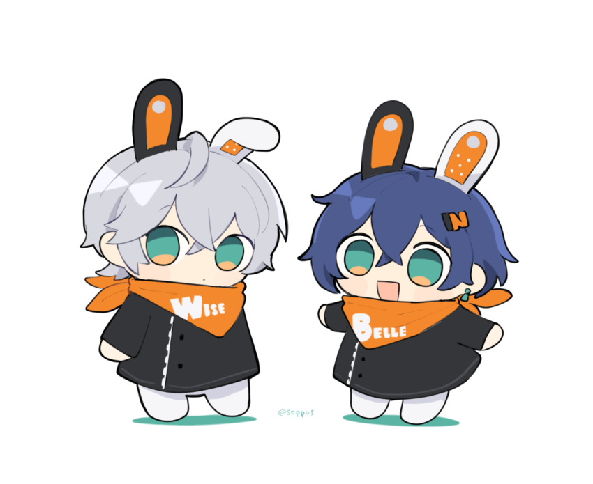 1boy, 1girl, artist_name, bandana, bandana_around_neck, belle_(zenless_zone_zero), blue_hair, brother_and_sister