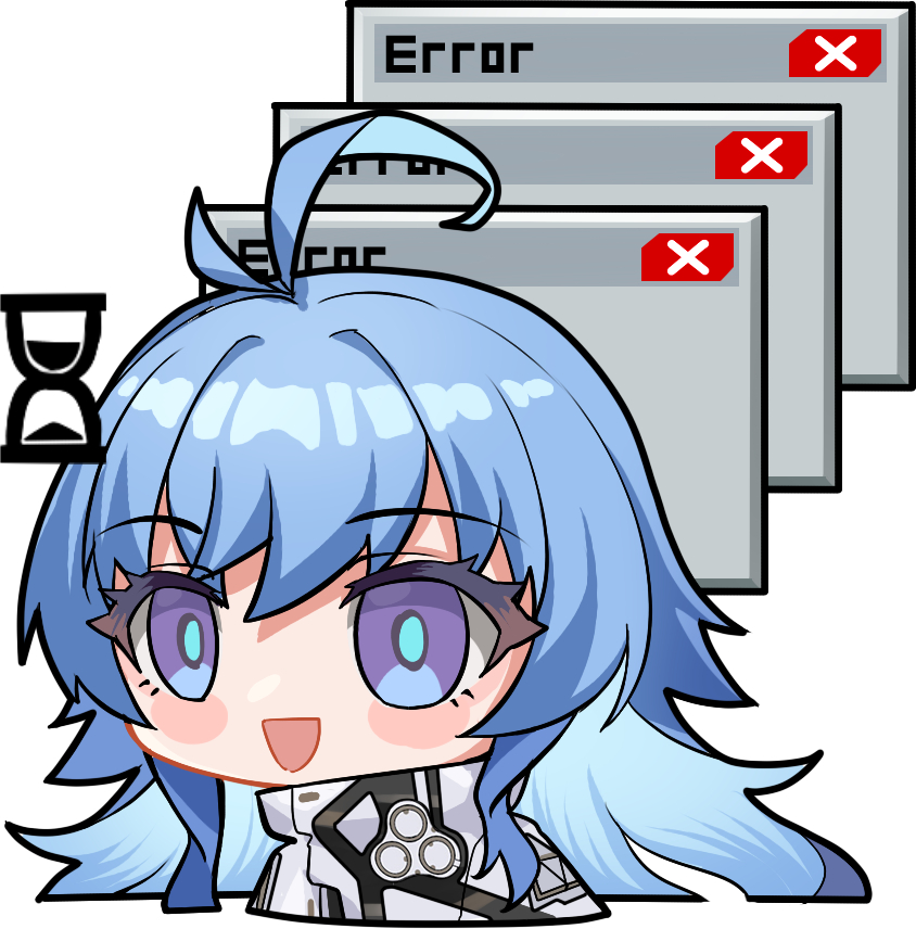 1girl, ahoge, artist_request, blue_eyes, blue_hair, chibi, chibi_only, chinese_commentary, empty_eyes, eniac_(neural_cloud), error_message, girls'_frontline_neural_cloud, girls_frontline, hourglass, long_hair, official_art, open_mouth, second-party_source, shawl, solo, twintails, white_shawl