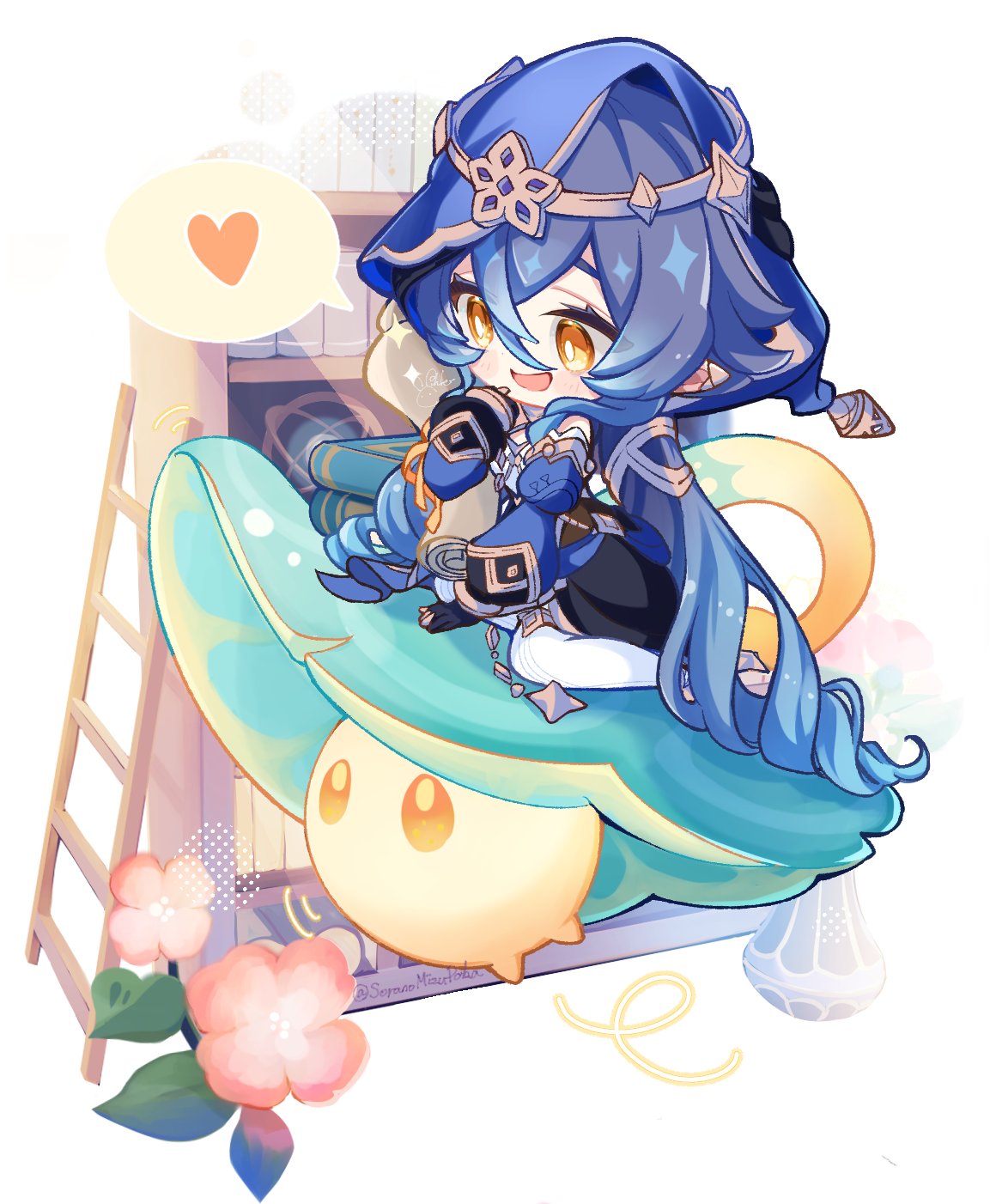 1girl, black_gloves, blue_hair, blue_hood, blue_sleeves, blush, book, bookshelf